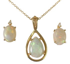 14K Gold Opal Teardrop Necklace With 14K Gold Opal & Diamond Earrings - #JC-B