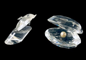Swarovski Crystal Oyster Shell Figurine With Original Box & Crystal Dolphin Figurine - #FS-2