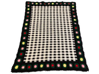 Hand Crocheted Afghan Blanket, Checkerboard With Floral Boarder - #S16-3