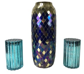 Mosaic Glass Vase & Illuminated Mercury Glass Hurricanes By Valerie (Set Of 2) - #S6-4