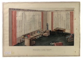 'Modern Living Room' Watercolor Painting, Signed Elvira Jenisch - #S11-4L