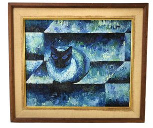 Mid-Century Siamese Cat Abstract Oil On Canvas Painting - #SW-10