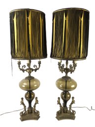 Hollywood Regency Brass Cherub & Glass Electrified Table Lamps, WORKS - #FW