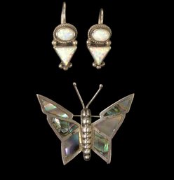 Mexican Sterling Silver Abalone Butterfly Pin & Sterling Silver Opal Earrings - #JC-B