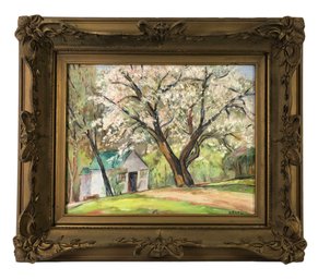 Mid-Century Signed Impressionist Country Landscape Oil On Board Painting - #RBW-W