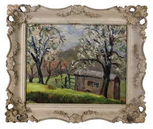 Mid-Century Country Farm Landscape Oil On Board Painting, Signed - #LBW-W