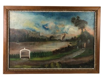 19th Century Framed Hudson River School Oil On Board Painting, Signed - #SW-5