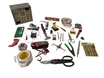 Collection Of Tools: Clamp Meter, Dewalt Spdae Bit Set, Small Parts Cabinet, Voltage Tester & More - #S3-1