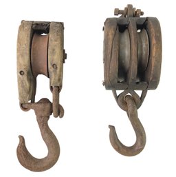 Antique Double & Single Wood / Cast Iron Barn Pulleys - #S11-1