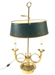 Vintage French Brass Bouillotte Lamp With Green Tole Shade (WORKS) - #S15-4