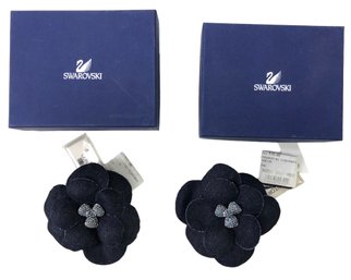 Pair Of Swarovski Crystal Denim Camellia Flower Pins With Original Boxes & Tags - #FS-2