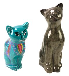 Hand Painted Terra Cotta & Glazed Ceramic Cat Figurines - #S10-2