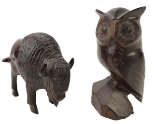Hand Carved Rosewood Buffalo & Owl Sculptures - #FS-7