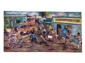 Mid-Century Haitian Urban Folk Art Oil On Canvas Painting, Signed - #S13-F