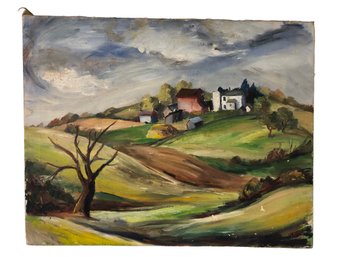 1940 Country Farm Hills Landscape Oil On Canvas Painting, Signed - #S20-FL