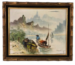 Mid-Century Chinese River Landscape Oil On Board Painting, Signed - #SW-10-W