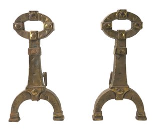 Mission Arts & Crafts Style Brass Andirons - #S16-F