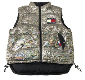 Vintage 1990s Y2K Tommy Hilfiger Silver Holographic Foil Puffer Vest (Men's Size L) - #S18-3