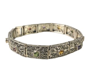 Sterling Silver & Marcasite Bracelet With Multi-Color Round Gemstones - #JC-B