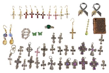 Large Collection Of Costume Jewelry: Cross Pendants, Earrings, Pins & More - #JC-L