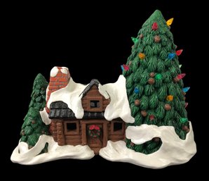 Vintage 1988 Ceramic Mold Lighted Christmas Tree & Snow Covered Log Cabin - #S8-2