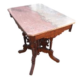 Victorian Eastlake Pink & Gray Marble-Top Carved Wood Parlor Table - #FF