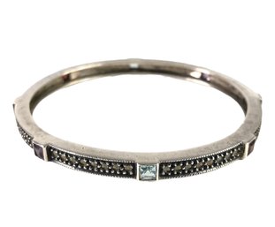 Sterling Silver & Marcasite Bangle Bracelet With Multi-Color Square Gemstones - #JC-B