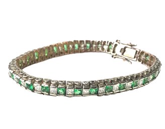Silver Plated Tennis Bracelet With Green & Clear Stones - #JC-L