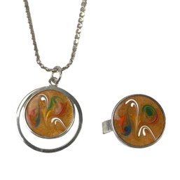 Sterling Silver Glass Pendant Necklace & Ring Set - #JC-R