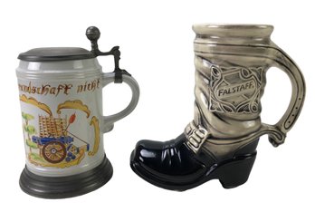 Vintage McCoy USA Boot Beer Stein & German Gerzit Gerz Hand Painted Stein W/ Pewter Lid - #S8-2