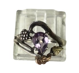 Sterling Silver Amethyst Grape Vine Ring With Black Hills Gold Accents, Size 6-1/2 - #JC-B