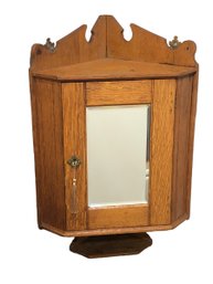 Antique Solid Oak Hanging Corner Cabinet With Beveled Mirror - #S1-5