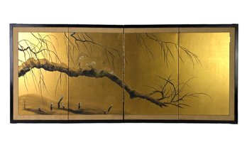 Vintage Japanese Hand Painted 4-Panel Byobu Table Screen Depicting Birds On A Branch - #A6