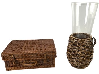 Glass & Rattan Vase / Wicker Picnic Basket - #S8-1