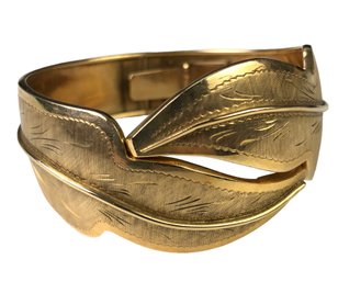 Vintage 18K Yellow Gold Engraved Leaf Bangle Bracelet - #JC-B