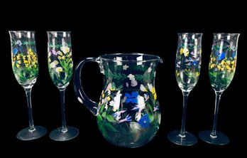 I. Godinger & Co. Hand Painted Floral Glass Pitcher & Champagne Flute Set - #S10-1