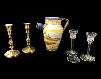Waterford Crystal Candlesticks, Baldwin Brass Candlesticks & Painted Italian Jug - #FS-4