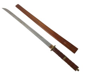 Japanese Katsuna Style Sword With Carved Wood Handle & Sheath - #S10-1
