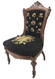 Antique Carved Walnut Floral Needlepoint Chair - #FF