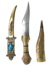 Middle Eastern Bedouin Shabariya Dagger With Embossed Sheath & Israeli Brass Letter Opener - #FS-7
