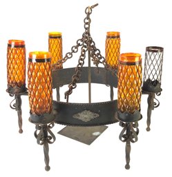 Wrought Iron Medieval Revival Style Candelabra Chandelier With Orange Glass Shades - #W1