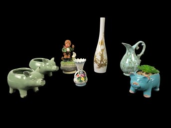 Kalk & Rosenthal German Porcelain Vases, Gouda Holland Creamer, Music Box & Pig Planters - #S10-3