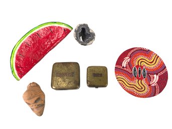 Vintage Brass Bait Boxes, Geode, Aboriginal Plate & Sculpture, Watermelon Decor - #S8-3