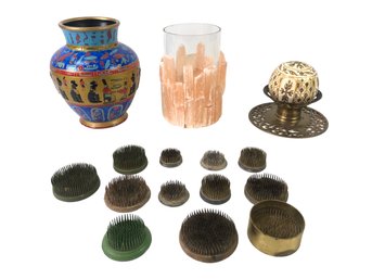 Collection Of Flower Frogs, Selenite Hurricane Candle Holder, Brass Candle Holder & Egyptian Vase - #S4-3