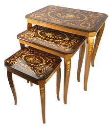 Vintage Italian Inlaid Wood 3-Tier Nesting Tables (Includes Music Box In The Smallest Table) - #FF