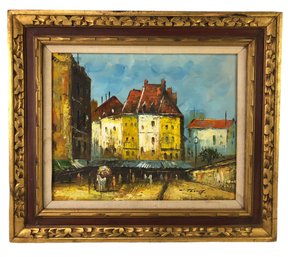 Old World European Village Market Oil Painting On Canvas, Signed, Gilt Framed - #B4