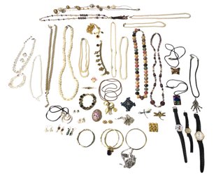 Large Collection Of Costume Jewelry: Bracelets, Brooches, Earrings, Necklaces & Wristwatches - #S14-2