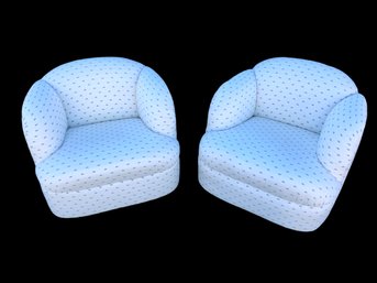 Pair Of Upholstered Swivel Club Chairs, (Cream Fabric With Embroidered Blue Fans) - #BR