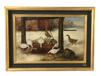 1888 Signed Oil On Board Painting, Barnyard Geese - #RBW-W