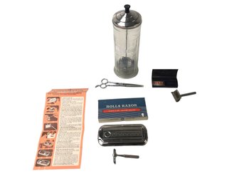 English Rolls Razor, Valet Auto Strop Razor Kit, Barbicide Jar & Dubl Duck Scissors - #S2-1